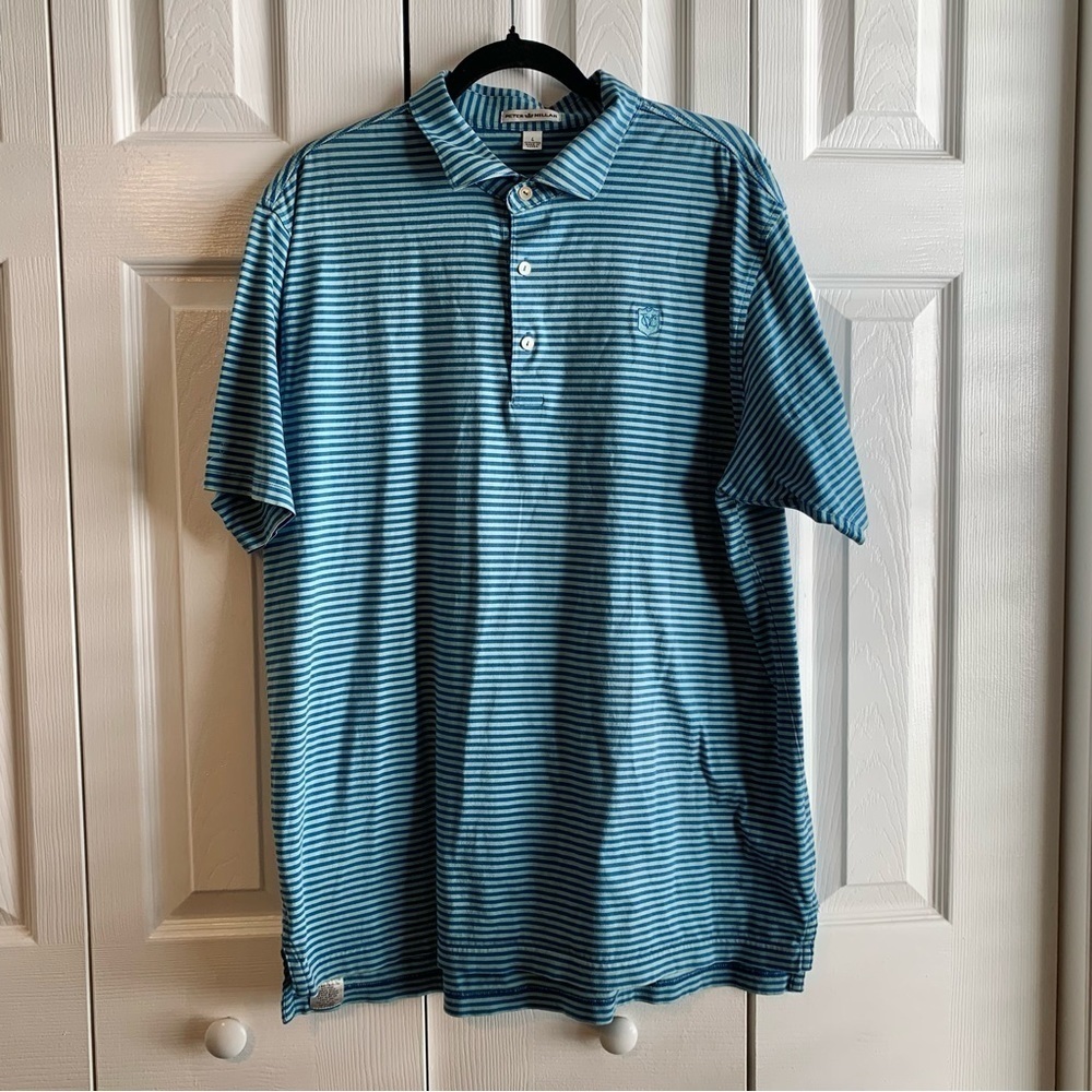Peter Millar Teal Blue Striped Short Sleeve Collared Polo Shirt
